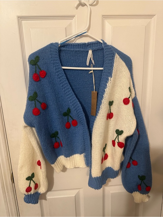 Dreamers By Debut Sweaters - Blue and Cream Cherry Embroidered Cardigan Sweater